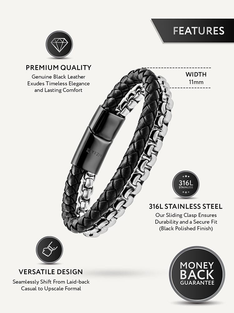 Black Leather & Silver Box Chain Bracelet