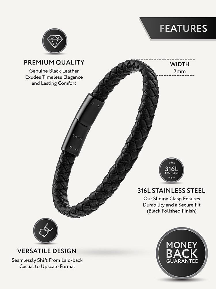 7mm Black Braided Leather Bracelet